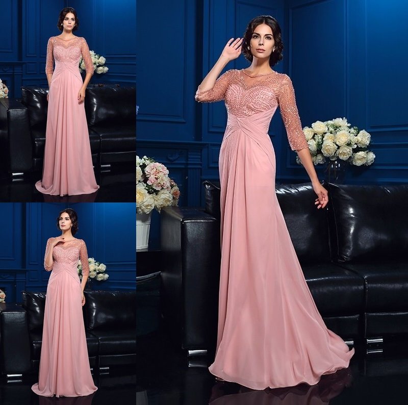 A-Line/Princess Scoop Beading 3/4 Sleeves Long Chiffon Mother of the Bride Dresses DFP0007135