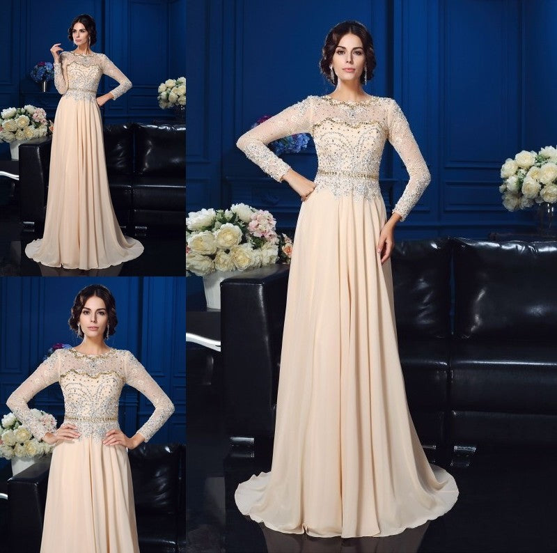 A-Line/Princess Scoop Beading Long Sleeves Long Chiffon Mother of the Bride Dresses DFP0007085