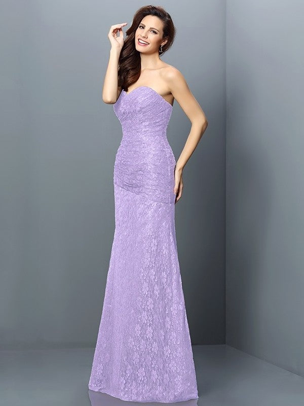 A-Line/Princess Sweetheart Lace Sleeveless Long Satin Bridesmaid Dresses DFP0005630