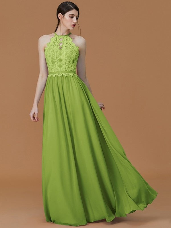 A-Line/Princess Halter Sleeveless Floor-Length Lace Chiffon Bridesmaid Dresses DFP0005137