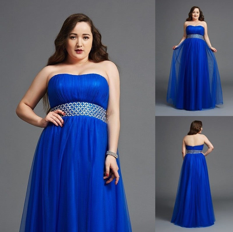 A-Line/Princess Strapless Rhinestone Sleeveless Long Net Plus Size Dresses DFP0003438