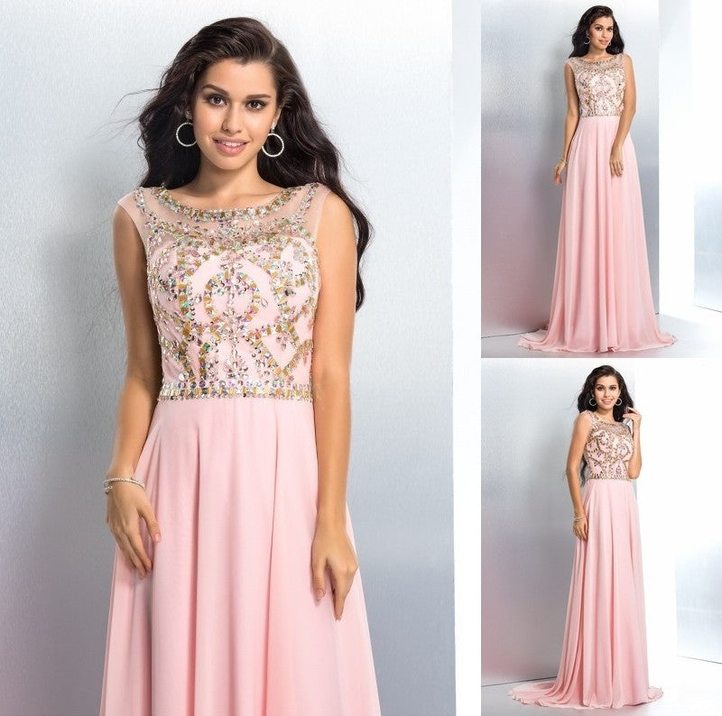 A-Line/Princess Scoop Beading Sleeveless Long Chiffon Dresses DFP0002980