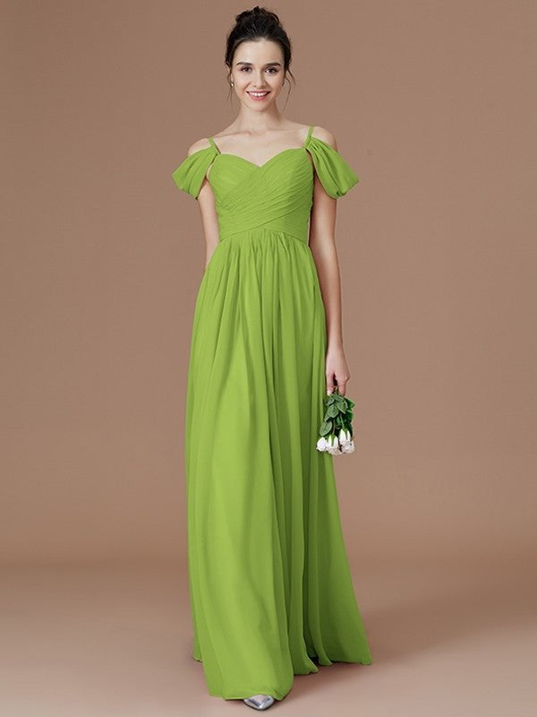 A-Line/Princess Off-the-Shoulder Sleeveless Ruched Floor-Length Chiffon Bridesmaid Dresses DFP0005324