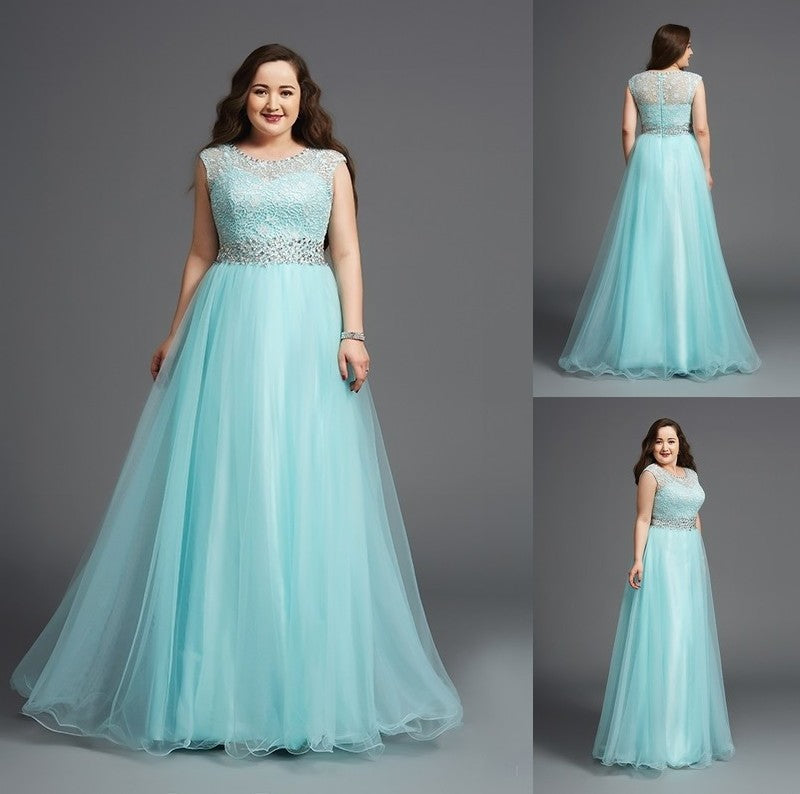 A-Line/Princess Scoop Rhinestone Sleeveless Long Tulle Plus Size Dresses DFP0002521