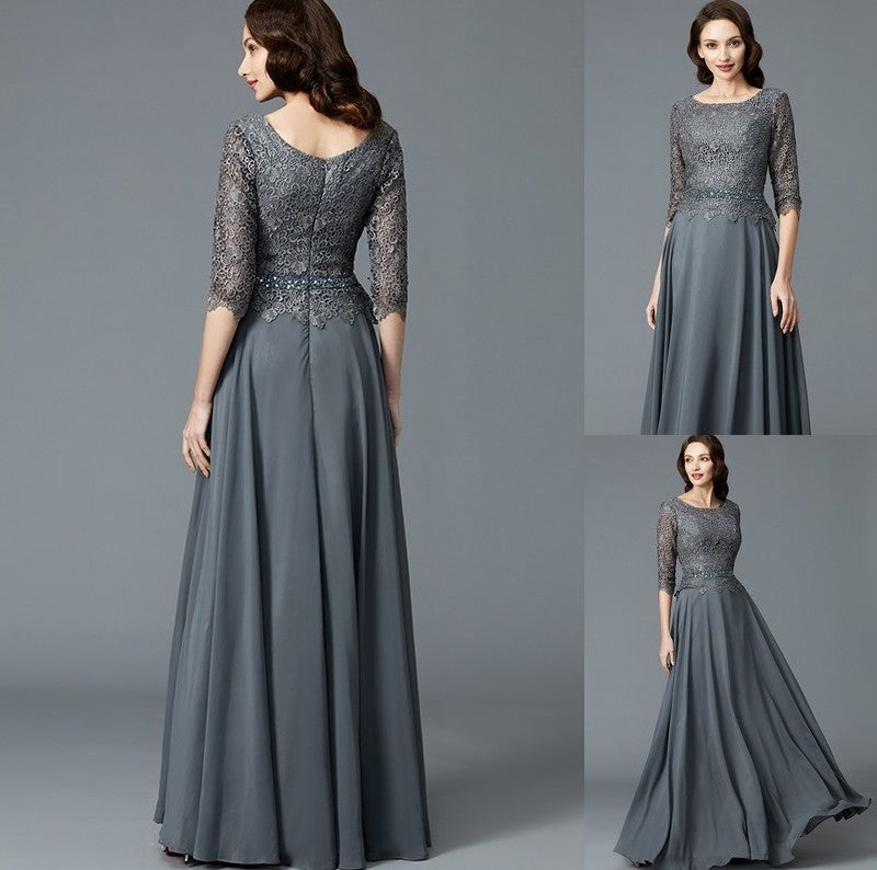 A-Line/Princess Scoop 1/2 Sleeves Chiffon Floor-Length Mother of the Bride Dresses DFP0007217