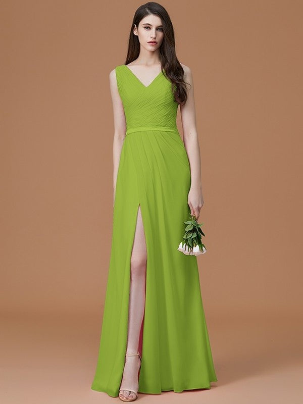 A-Line/Princess V-neck Sleeveless Floor-Length Ruched Chiffon Bridesmaid Dresses DFP0005284