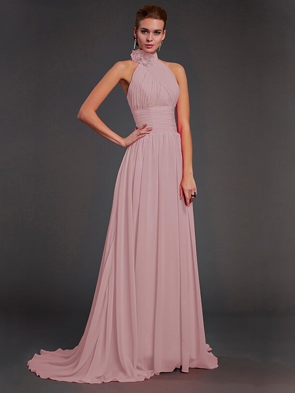 A-Line/Princess Halter Sleeveless Hand-Made Flower Long Chiffon Bridesmaid Dresses DFP0004909