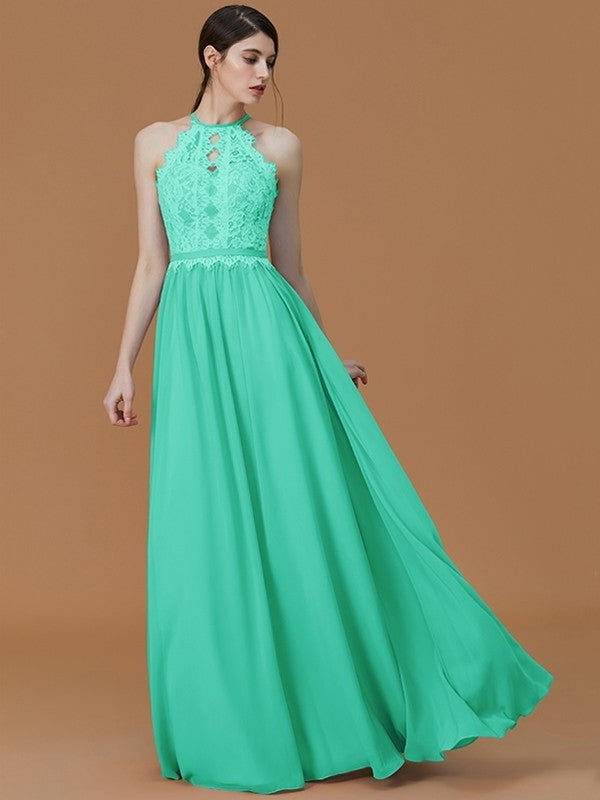 A-Line/Princess Halter Sleeveless Floor-Length Lace Chiffon Bridesmaid Dresses DFP0005137