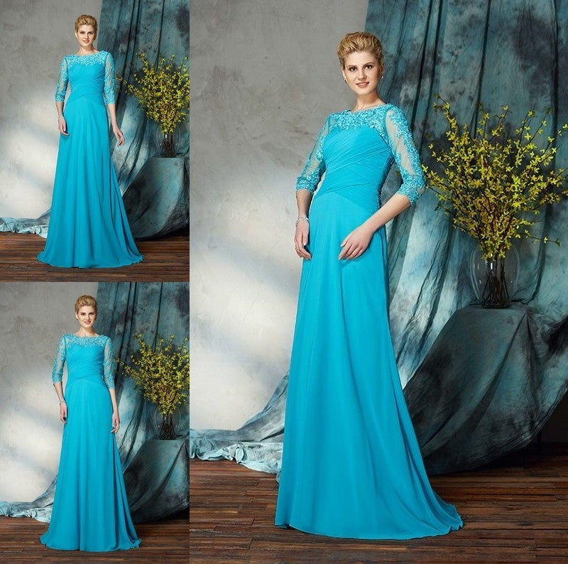 A-Line/Princess Bateau Applique 3/4 Sleeves Long Chiffon Mother of the Bride Dresses DFP0007256