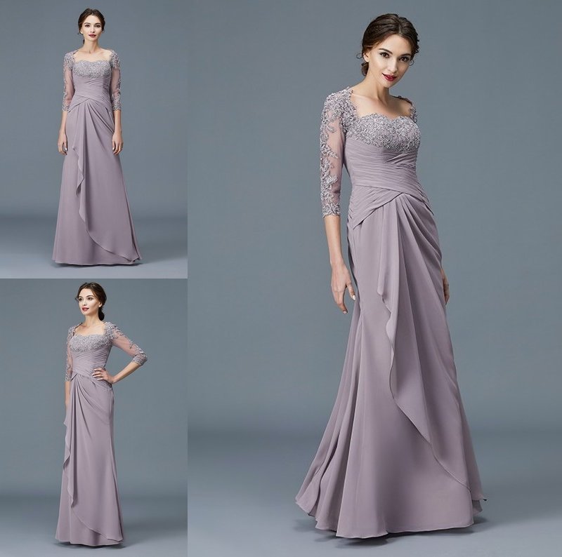 Sheath/Column 3/4 Sleeves Sweetheart Ruffles Chiffon Floor-Length Mother of the Bride Dresses DFP0007059