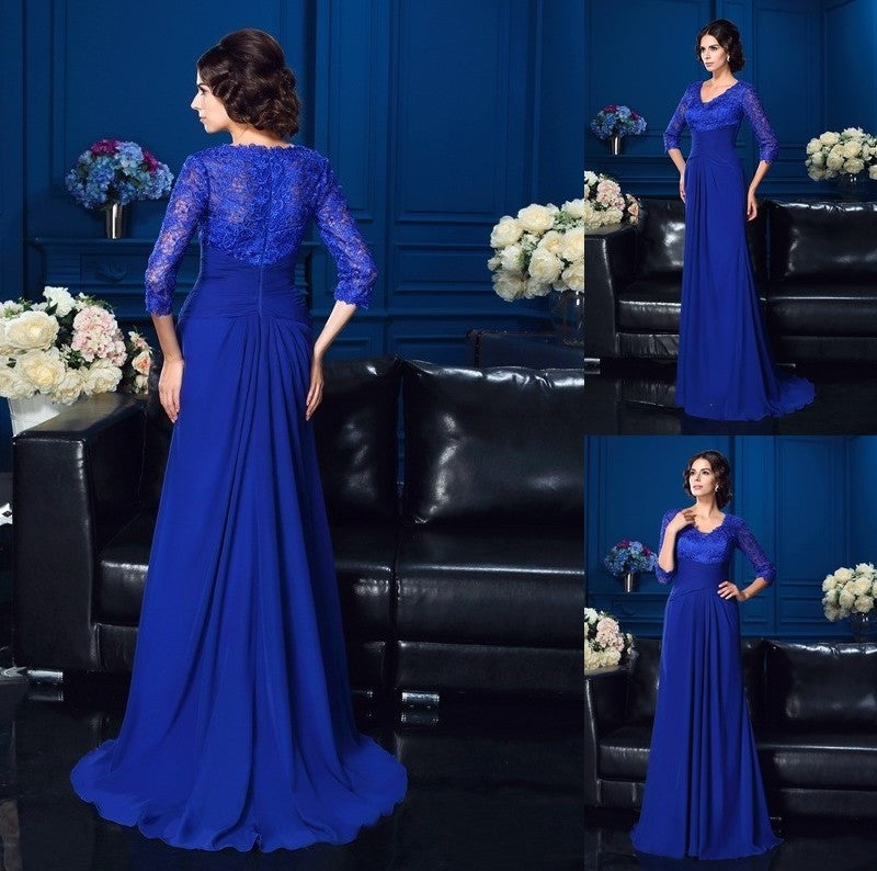 A-Line/Princess V-neck Applique 3/4 Sleeves Long Chiffon Mother of the Bride Dresses DFP0007278