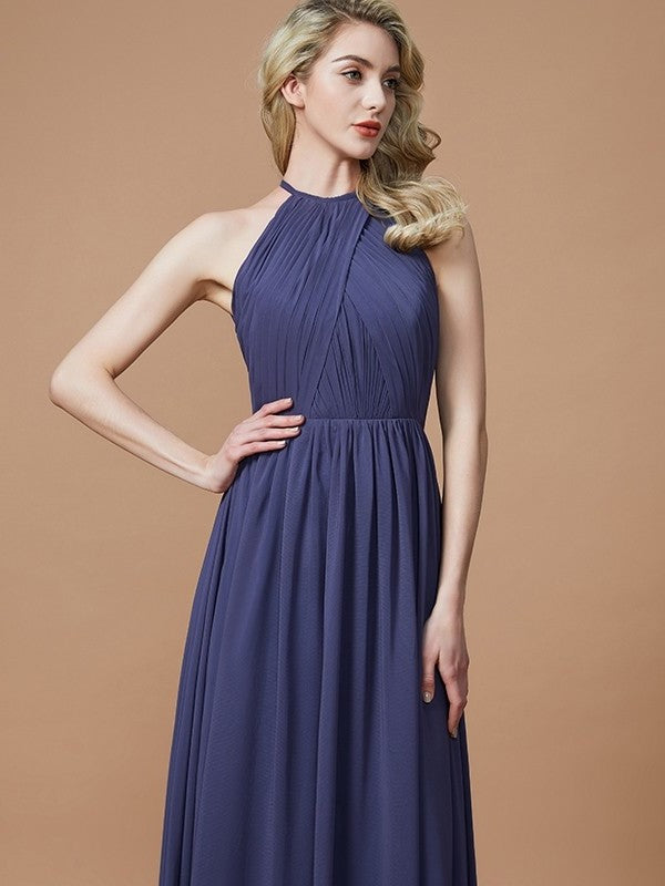 A-Line/Princess Scoop Chiffon Sleeveless Floor-Length Bridesmaid Dresses DFP0005455