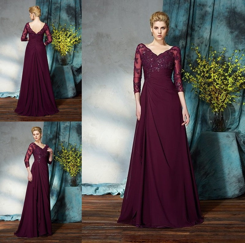 A-Line/Princess V-neck Beading 3/4 Sleeves Long Chiffon Mother of the Bride Dresses DFP0007150