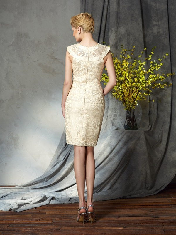 Sheath/Column Bateau Short Sleeves Short Elastic Woven Satin Mother of the Bride Dresses DFP0007313