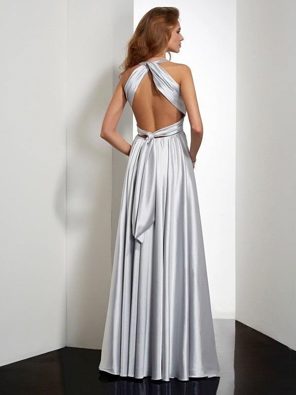 Sheath/Column Halter Sleeveless Pleats Long Elastic Woven Satin Dresses DFP0002477