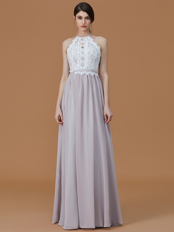 A-Line/Princess Halter Sleeveless Floor-Length Lace Chiffon Bridesmaid Dresses DFP0005137