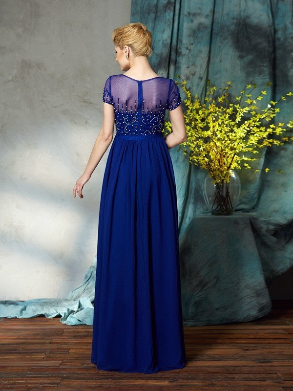 A-Line/Princess Scoop Beading Short Sleeves Long Chiffon Mother of the Bride Dresses DFP0007371