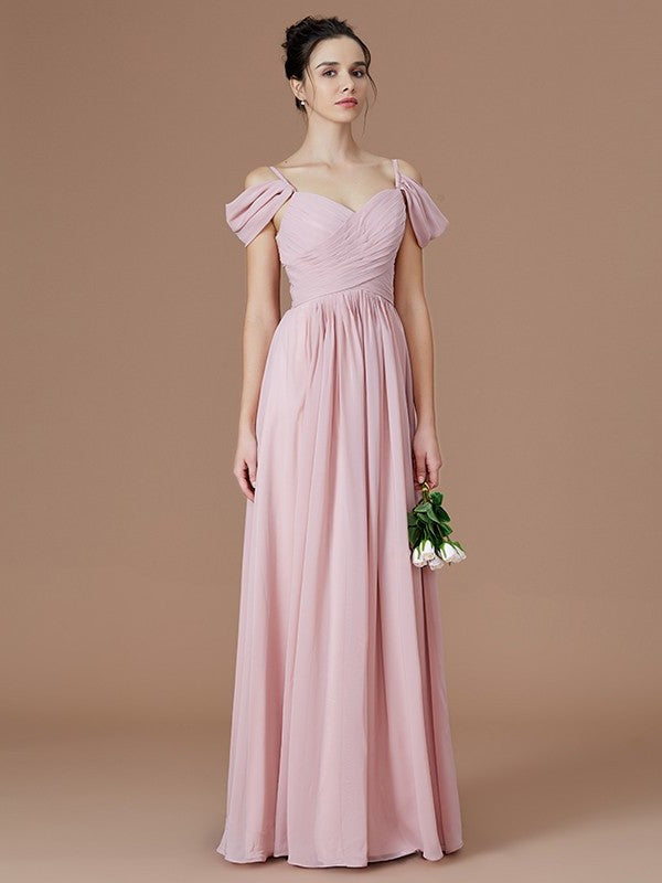 A-Line/Princess Off-the-Shoulder Sleeveless Ruched Floor-Length Chiffon Bridesmaid Dresses DFP0005324