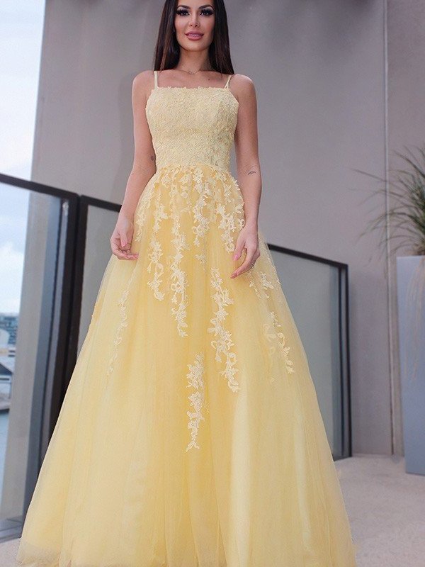 A-Line/Princess Spaghetti Straps Applique Sleeveless Tulle Floor-Length Dresses DFP0001378