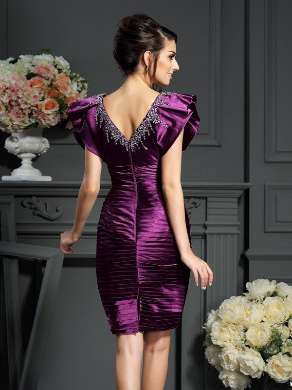 Sheath/Column V-neck Beading Sleeveless Short Elastic Woven Satin Mother of the Bride Dresses DFP0007381