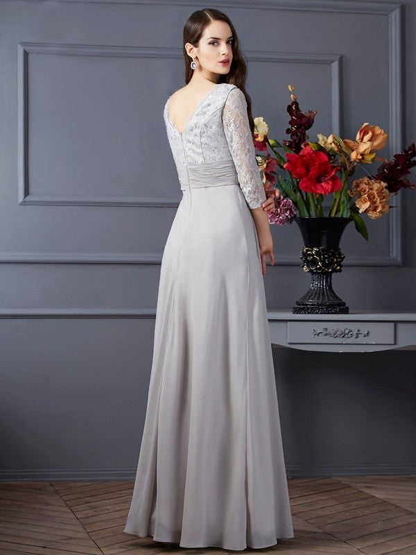 A-Line/Princess V-neck 3/4 Sleeves Applique Long Chiffon Mother of the Bride Dresses DFP0007309