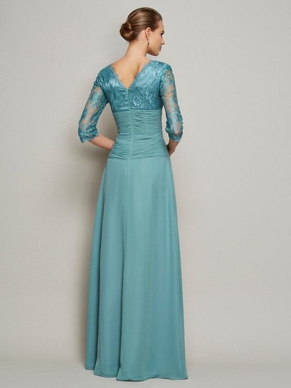 A-Line/Princess V-neck 3/4 Sleeves Lace Long Chiffon Mother of the Bride Dresses DFP0007274