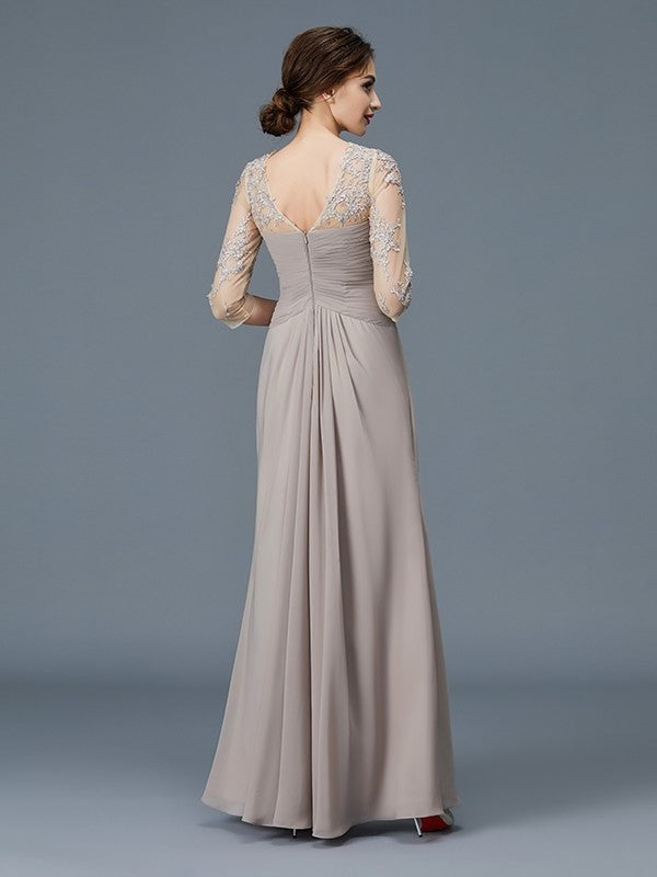 A-Line/Princess Sheer Neck 3/4 Sleeves Ruffles Chiffon Floor-Length Mother of the Bride Dresses DFP0007219