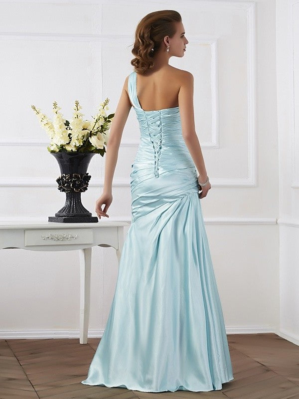 Trumpet/Mermaid One-Shoulder Sleeveless Ruched Long Elastic Woven Satin Dresses DFP0002849