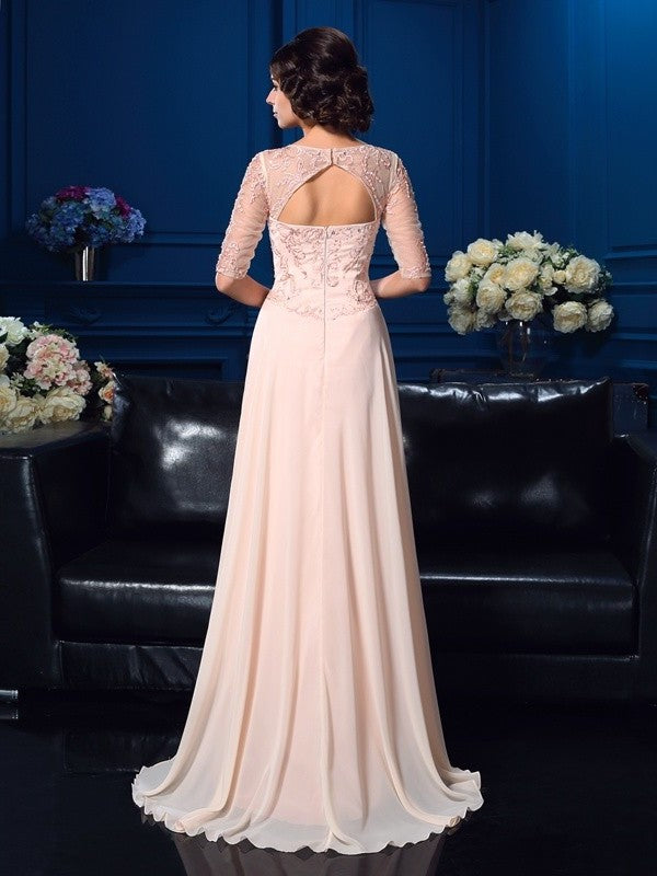 A-Line/Princess V-neck Beading 1/2 Sleeves Long Chiffon Mother of the Bride Dresses DFP0007115