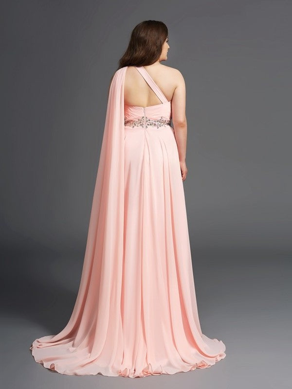 A-Line/Princess One-Shoulder Rhinestone Sleeveless Long Chiffon Plus Size Dresses DFP0002809