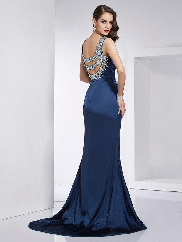 Trumpet/Mermaid Straps Sleeveless Beading Long Elastic Woven Satin Dresses DFP0002746