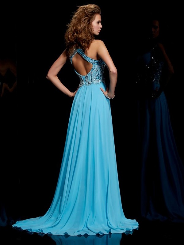 A-Line/Princess Straps Sleeveless Beading Long Chiffon Dresses DFP0002739