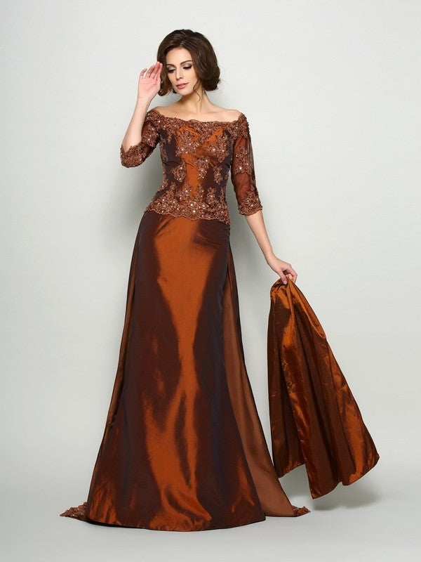 A-Line/Princess Off-the-Shoulder Beading 1/2 Sleeves Long Taffeta Mother of the Bride Dresses DFP0007191