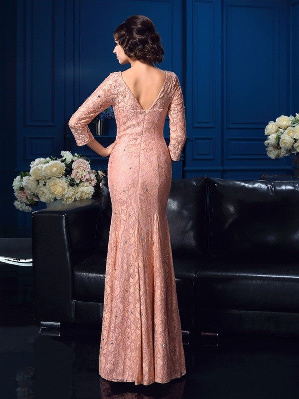 Sheath/Column V-neck Beading 3/4 Sleeves Long Lace Mother of the Bride Dresses DFP0007207