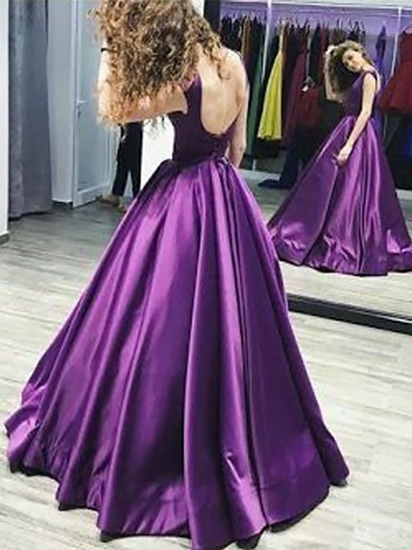 A-Line Bateau Sleeveless Floor-Length With Ruffles Satin Dresses DFP0002049