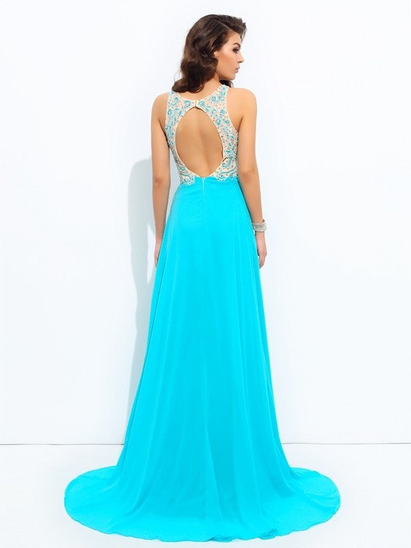 A-line/Princess Scoop Beading Sleeveless Long Chiffon Dresses DFP0003077