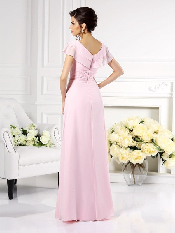 A-Line/Princess V-neck Ruffles Short Sleeves Long Chiffon Mother of the Bride Dresses DFP0007149