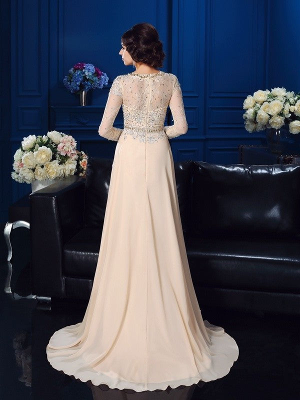 A-Line/Princess Scoop Beading Long Sleeves Long Chiffon Mother of the Bride Dresses DFP0007085