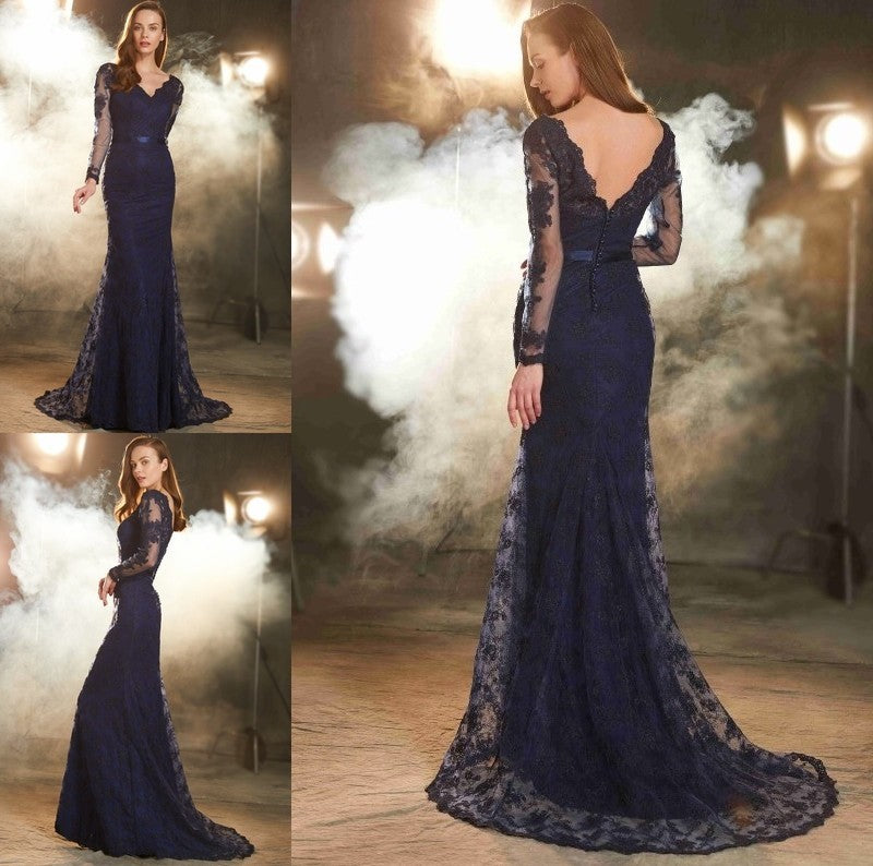 Trumpet/Mermaid V-neck Long Sleeves Applique Sweep/Brush Train Lace Dresses DFP0002339