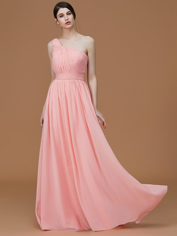 A-Line/Princess One-Shoulder Sleeveless Floor-Length Ruched Chiffon Bridesmaid Dresses DFP0005701