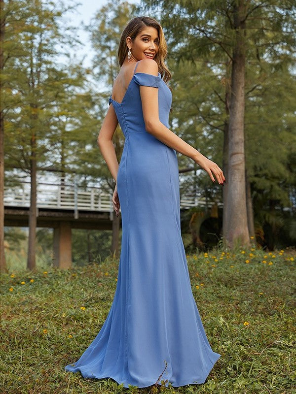 Sheath/Column Chiffon Ruched V-neck Sleeveless Floor-Length Bridesmaid Dresses DFP0005002