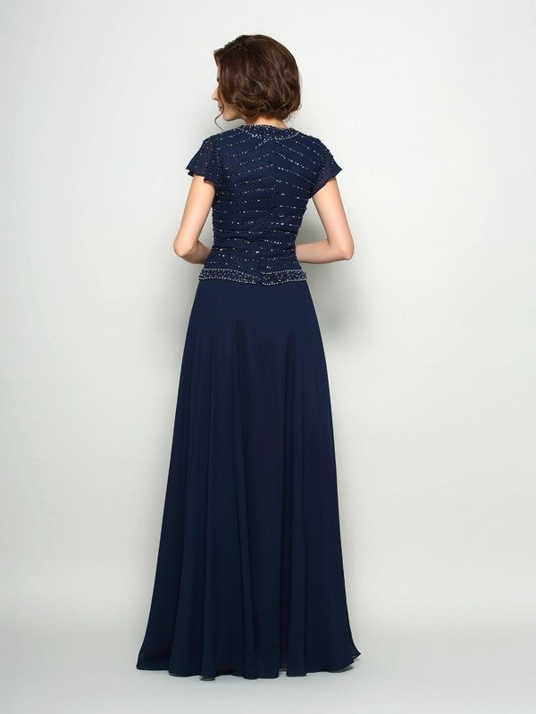 A-Line/Princess V-neck Beading Short Sleeves Long Chiffon Mother of the Bride Dresses DFP0007281