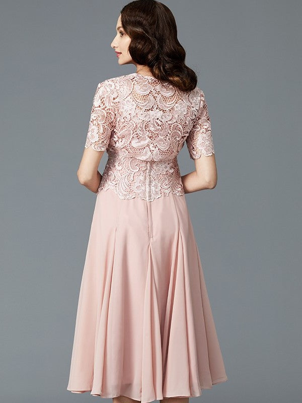 A-Line/Princess Sleeveless Scoop Tea-Length Chiffon Mother of the Bride Dresses DFP0007160