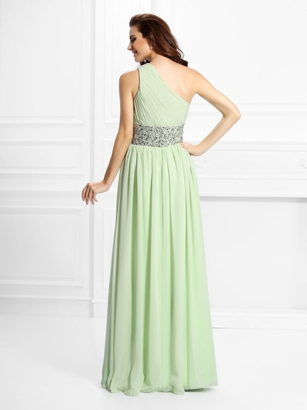 A-Line/Princess One-Shoulder Beading Sleeveless Long Chiffon Dresses DFP0004458