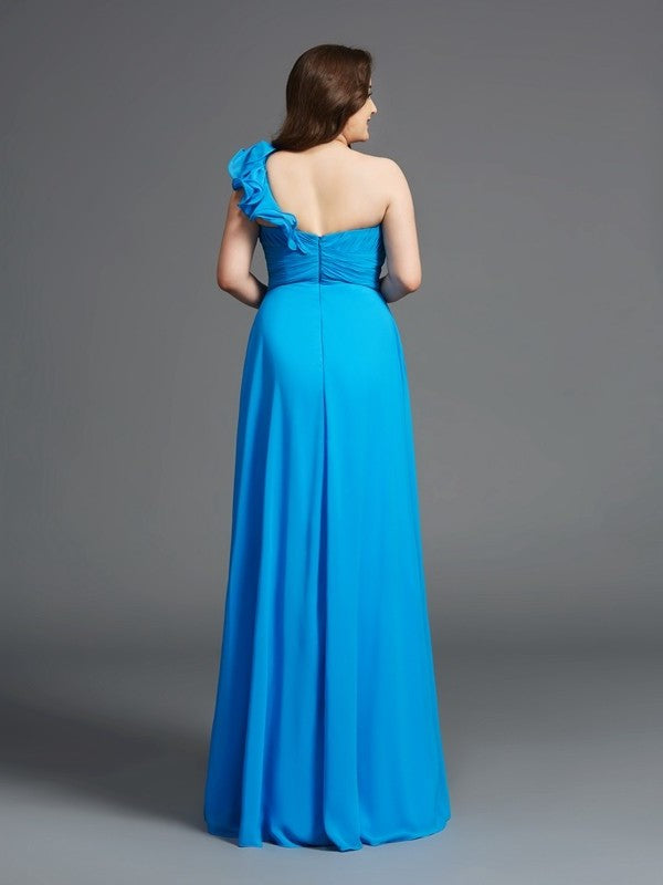 A-Line/Princess One-Shoulder Rhinestone Sleeveless Long Chiffon Plus Size Dresses DFP0004258