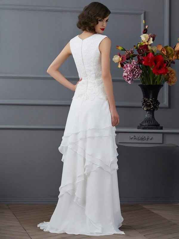 Sheath/Column Bateau Sleeveless Lace High Low Chiffon Mother of the Bride Dresses DFP0007129