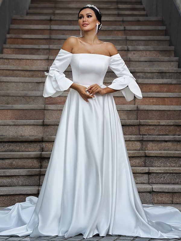 A-Line/Princess Charmeuse Ruffles Off-the-Shoulder 3/4 Sleeves Sweep/Brush Train Wedding Dresses DFP0006367