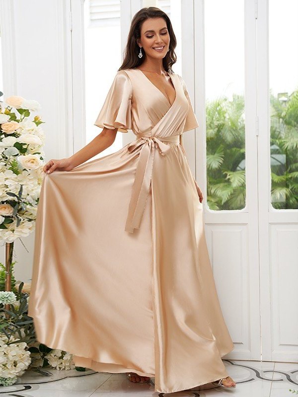 A-Line/Princess Silk like Satin Sash/Ribbon/Belt V-neck Short Sleeves Floor-Length Bridesmaid Dresses DFP0004897