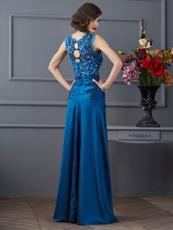 A-Line/Princess V-neck Sleeveless Beading Long Taffeta Mother of the Bride Dresses DFP0007375