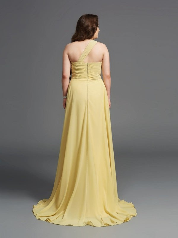 A-Line/Princess One-Shoulder Rhinestone Sleeveless Long Chiffon Plus Size Dresses DFP0003729